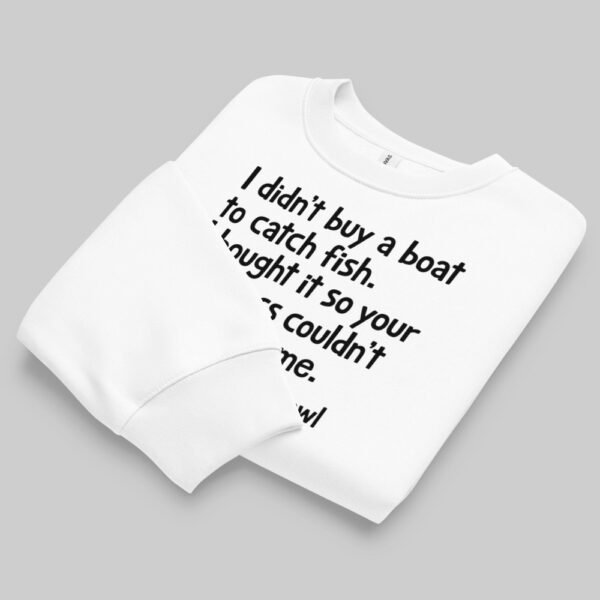 Folded presentation of the white Black Scowl crewneck sweatshirt, highlighting the bold, sarcastic typography. Essential graphic apparel for introverted streetwear fans.