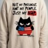 Close-up detail of the Black Scowl cynical cat design wearing an American flag and sarcastic text Just My Nap on premium fleece.
