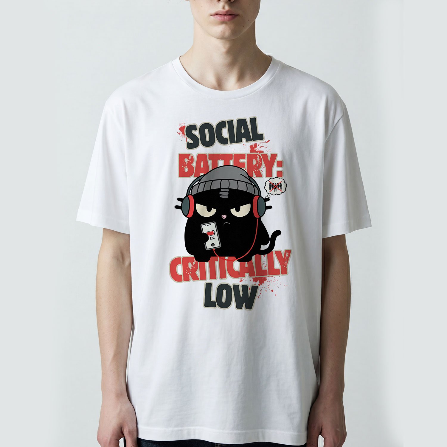 blackscowl woman wearing social battery critically low funny t-shirt