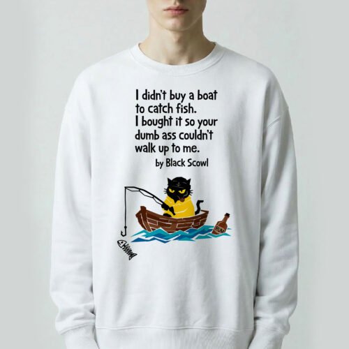 Male model wearing a white Black Scowl heavyweight oversize sweatshirt with a misanthropic quote about buying a boat to avoid people and a cynical fishing cat graphic.