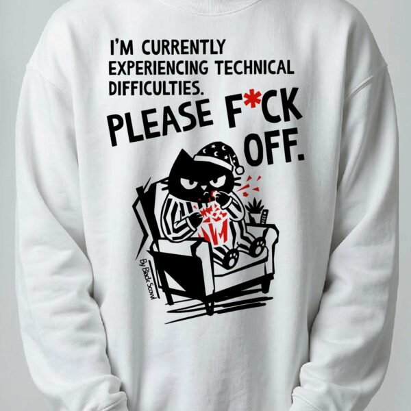 Detail of the Black Scowl cynical cat sitting in an armchair, representing social burnout, isolation, and apathy on a streetwear crewneck.