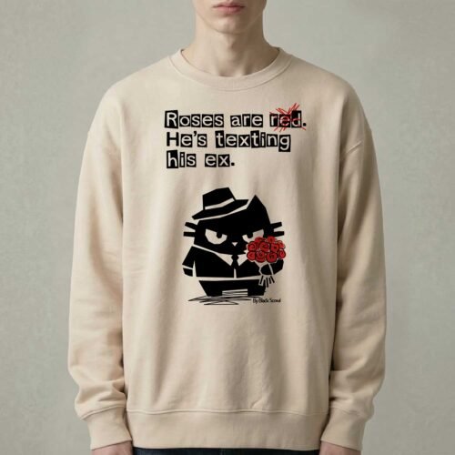 Male model wearing Black Scowl heavyweight oversize sweatshirt with a sarcastic quote about a toxic ex and a cynical cat holding red roses.