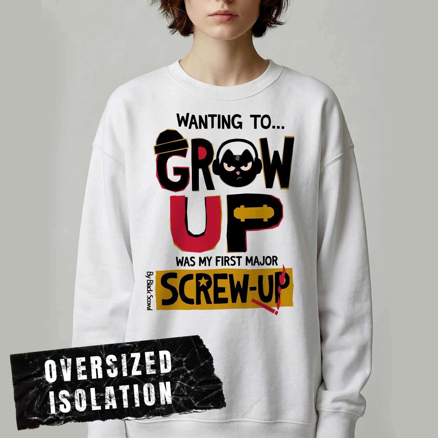 Woman modeling a white oversized streetwear crewneck featuring the dark humor introvert quote and cat design by Black Scowl.