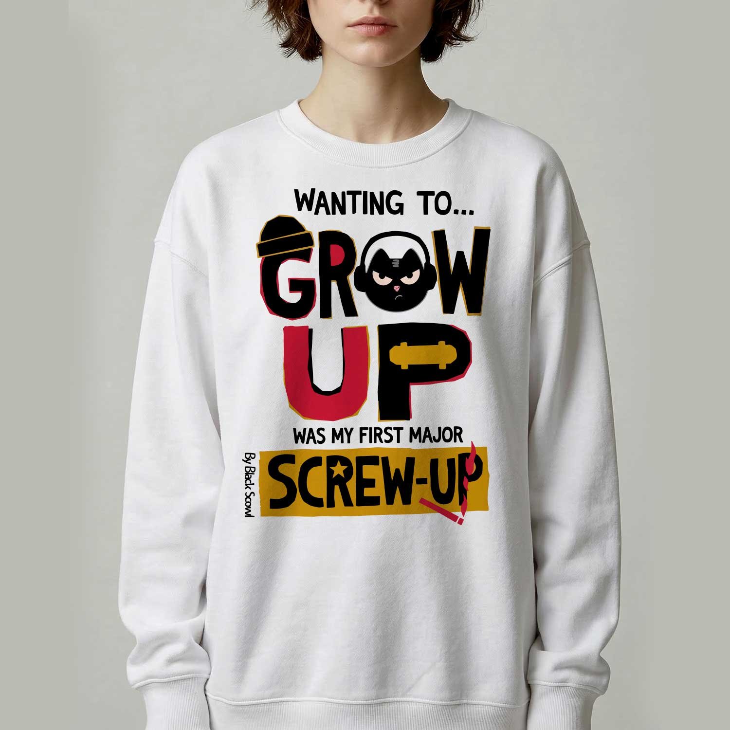 Woman modeling a white oversized streetwear crewneck featuring the dark humor introvert quote and cat design by Black Scowl.