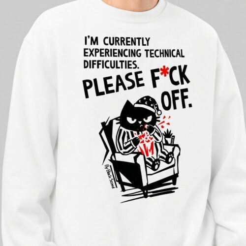 Close-up view of the Black Scowl white streetwear sweatshirt, highlighting the edgy anti-social cat design and bold graphic typography.