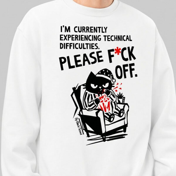 Close-up view of the Black Scowl white streetwear sweatshirt, highlighting the edgy anti-social cat design and bold graphic typography.