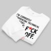 Folded Black Scowl white crewneck sweatshirt displaying the ironic cat print, perfect for an edgy, modern fashion aesthetic.