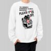 Male model wearing the Black Scowl white sweatshirt featuring a sarcastic cat graphic, showcasing a relaxed fit for modern urban streetwear, front view.