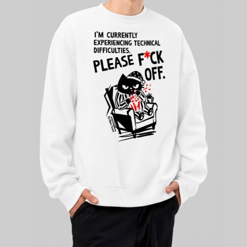 Male model wearing the Black Scowl white sweatshirt featuring a sarcastic cat graphic, showcasing a relaxed fit for modern urban streetwear, front view.