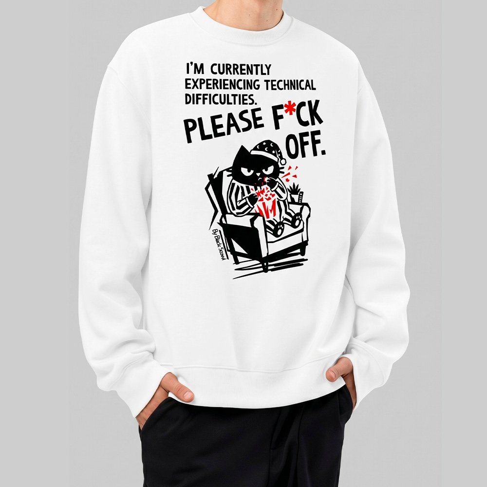Close-up of the premium heavyweight Black Scowl sweatshirt displaying the offensive dark humor text please f*ck off and an anti-social cat in pajamas.