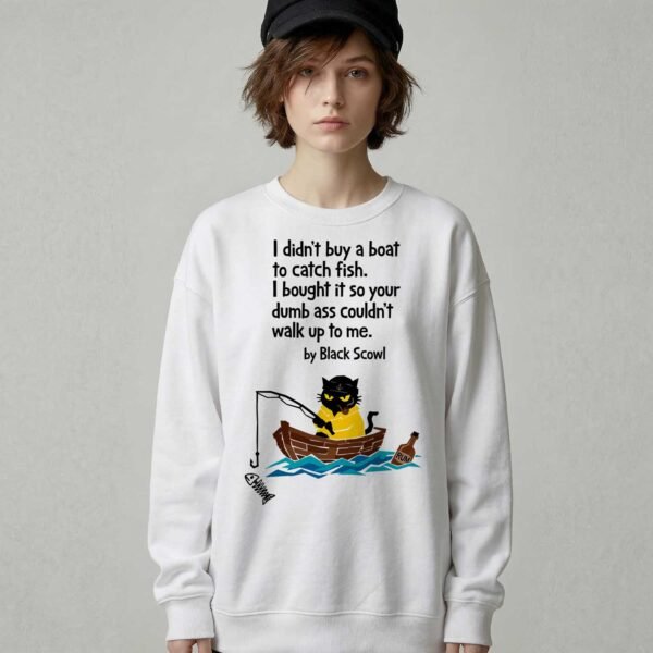 Woman modeling a white oversized streetwear crewneck featuring the dark humor introvert quote and cat design by Black Scowl.