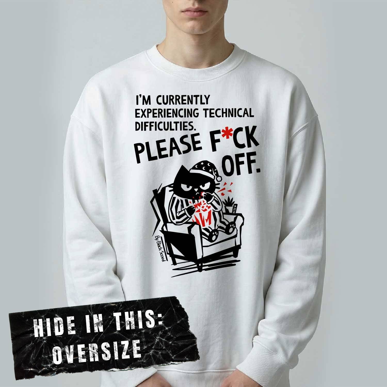 Close-up of the premium heavyweight Black Scowl sweatshirt displaying the offensive dark humor text please f*ck off and an anti-social cat in pajamas.