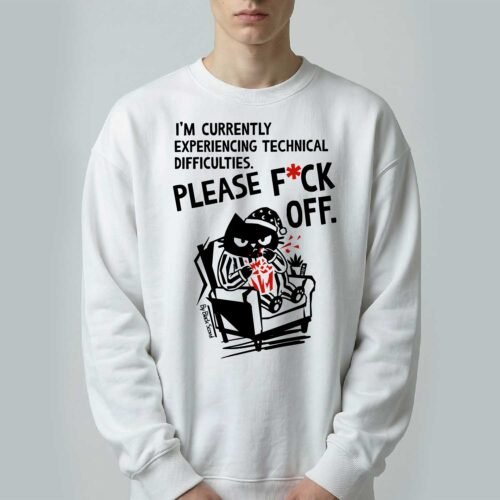 Close-up of the premium heavyweight Black Scowl sweatshirt displaying the offensive dark humor text please f*ck off and an anti-social cat in pajamas.
