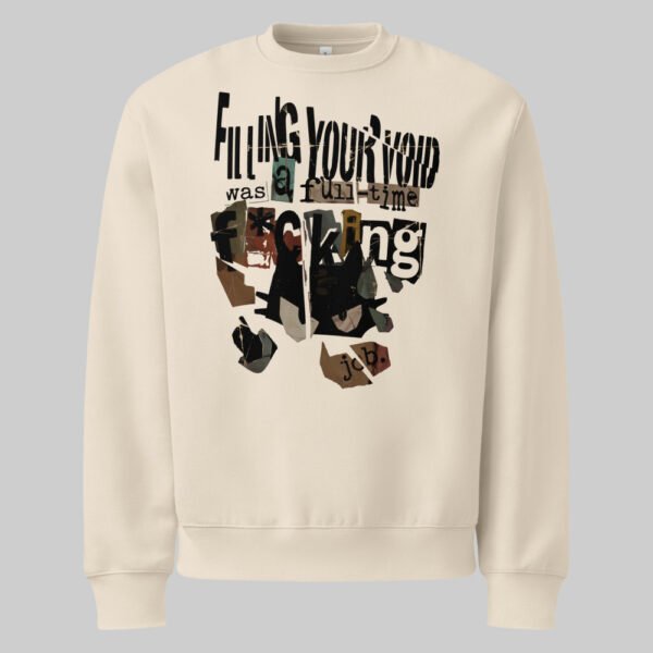 Full front view of the Black Scowl beige sweatshirt in a flat lay, emphasizing the minimalist streetwear cut and bold existential graphic.