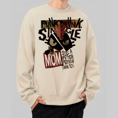 black-scowl-beige-sweatshirt-punk-cat-streetwear-front-model Black Scowl beige crewneck sweatshirt worn by a model, featuring a sarcastic punk cat streetwear design in a front view.