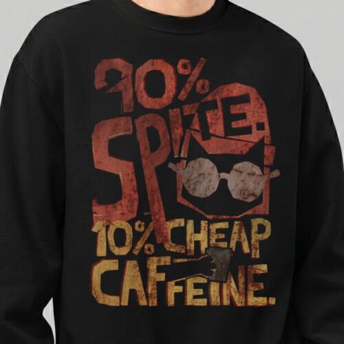 Close-up detail of the Black Scowl black heavyweight crewneck featuring a distressed vintage-style graphic that reads 90% Spite 10% Cheap Caffeine.