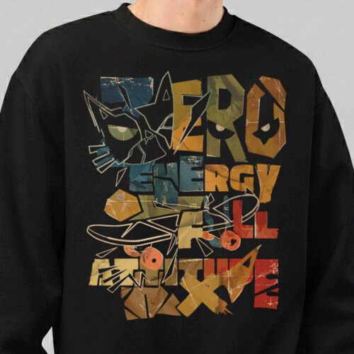 Close-up of a Black Scowl black heavyweight crewneck featuring a distressed, colorful graphic that reads "Zero Energy Full Attitude" with an edgy cat design.