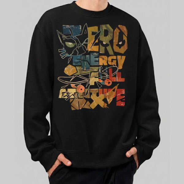 Front view of a male model wearing the Black Scowl oversized black sweatshirt with a vibrant, vintage-inspired "Zero Energy" streetwear graphic.