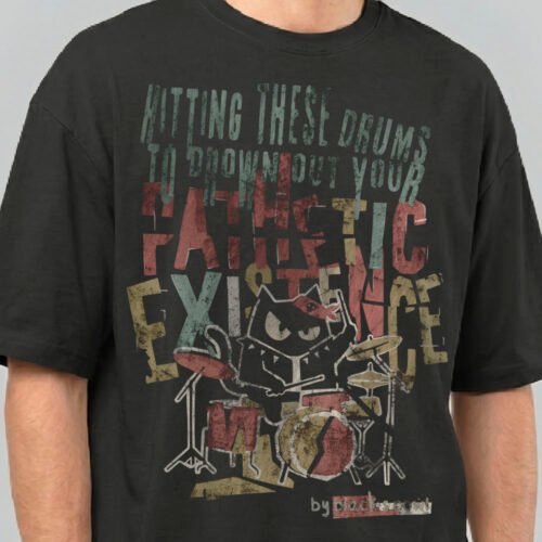 Close-up zoom of the high-quality graphic on a Black Scowl black oversized t-shirt highlighting the distressed vintage-style print of the drummer cat character.