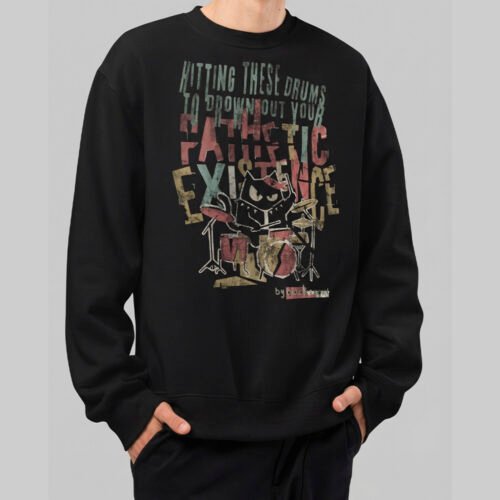 Black Scowl black crewneck sweatshirt featuring an edgy graphic of a sarcastic cat playing drums. Front view of the urban streetwear on a male model.