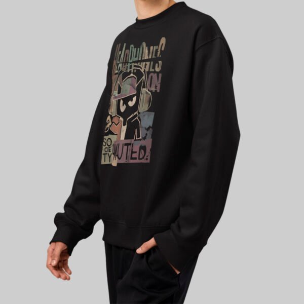Side view of a model wearing a Black Scowl black crewneck sweatshirt with a colorful urban graphic design, focusing on the fit and drape of the garment.