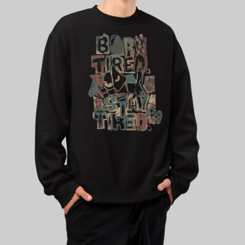 Medium torso shot of the Black Scowl black graphic sweatshirt, displaying the distressed existential typography and dark humor artwork for modern streetwear fans.