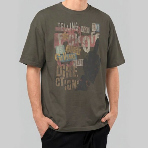 Front view of a male model wearing a Black Scowl charcoal heavyweight t-shirt featuring a distressed "Telling You To F*ck Off Is Just Giving You Dire Directions" graphic.
