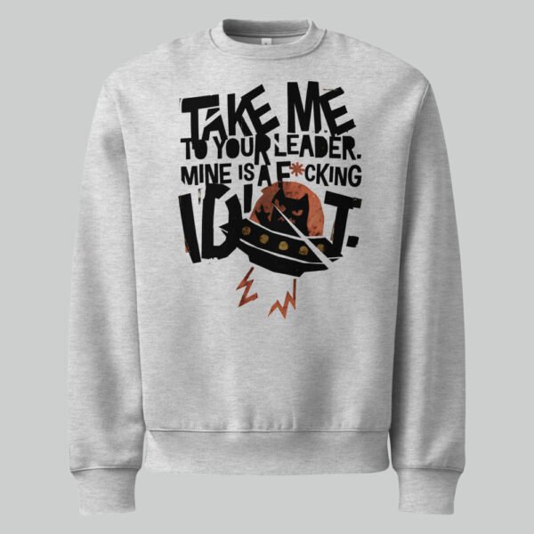 black-scowl-cynical-cat-ufo-sweatshirt-grey-ghost-mannequin Front view of the Black Scowl grey crewneck sweatshirt featuring the Take Me To Your Leader graphic, shown in a clean ghost mannequin studio shot.
