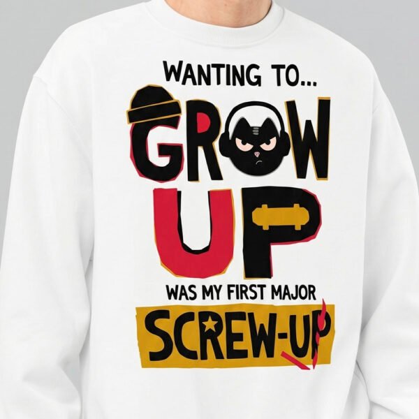 Close-up view of the Black Scowl white sweatshirt design showing the high-quality graphic print of The Black Scowl Cat and cynical typography.