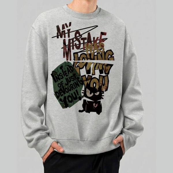 Front view of a model wearing the Black Scowl grey streetwear sweatshirt featuring an edgy dark humor graphic with a sarcastic cat and grunge typography