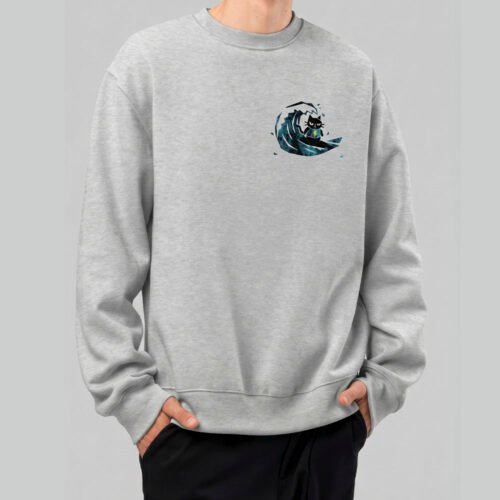 Front view of a model in the Black Scowl grey urban clothing sweatshirt, showcasing a minimal existential surfing black cat design on the chest.