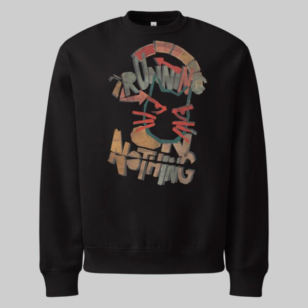 Ghost mannequin front view of the Black Scowl Running on Nothing black sweatshirt, providing a clear and centered display of the full garment and its graphic design.