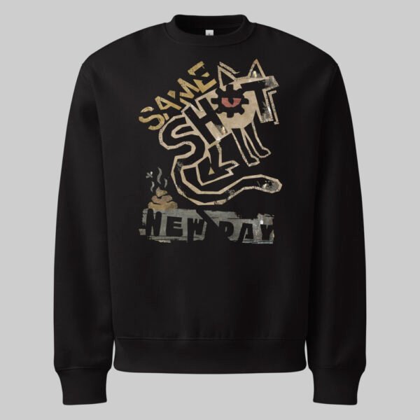 Ghost mannequin front view of the Black Scowl Same Shit New Day black sweatshirt, providing a centered and clear display of the full garment and its graphic design.