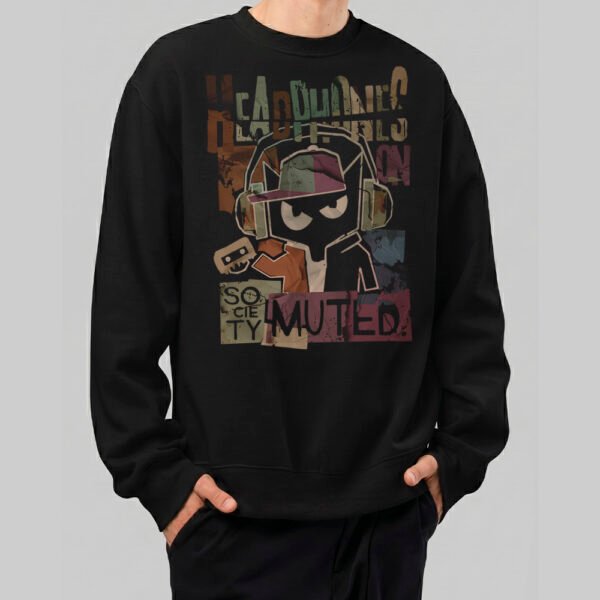 A male model wearing a Black Scowl black sweatshirt featuring a graphic of a cat with headphones and the text Society Muted in a grunge urban streetwear style.