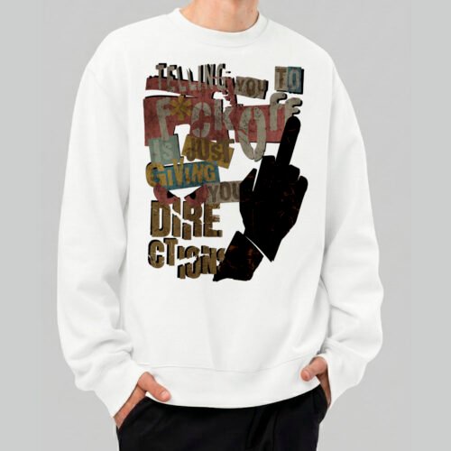 Black Scowl white crewneck sweatshirt featuring a sarcastic grunge middle finger graphic, worn by a model in a front view for an edgy urban streetwear look.