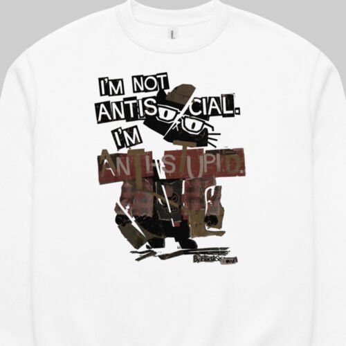 Close-up flat detail of the Black Scowl white sweatshirt, clearly displaying the "anti stupid" graphic design for edgy modern fashion fans.