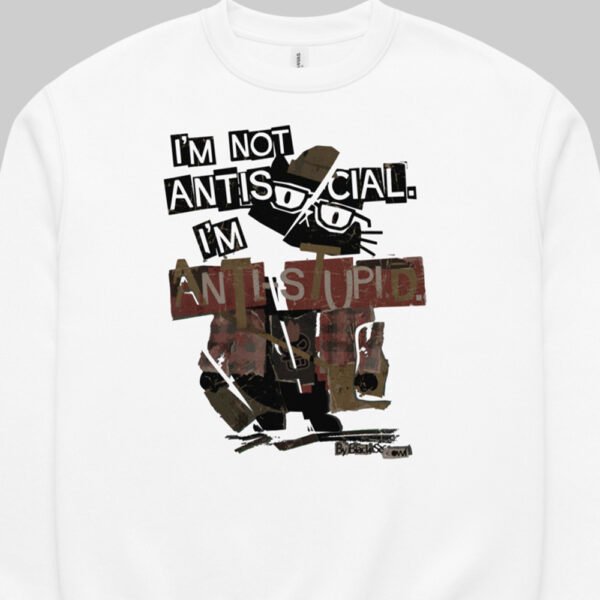 black-scowl-white-sweatshirt-edgy-streetwear-print-closeup Close-up flat detail of the Black Scowl white sweatshirt, clearly displaying the "anti stupid" graphic design for edgy modern fashion fans.