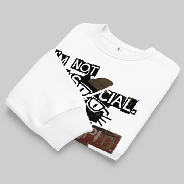 black-scowl-white-sweatshirt-graphic-apparel-folded Folded view of the Black Scowl white streetwear sweatshirt, showcasing the sarcastic text and cat graphic on a premium everyday garment.