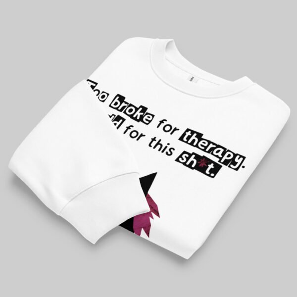 Folded view of the Black Scowl white streetwear sweatshirt, showcasing the sarcastic text and edgy cat graphic on a premium everyday garment.