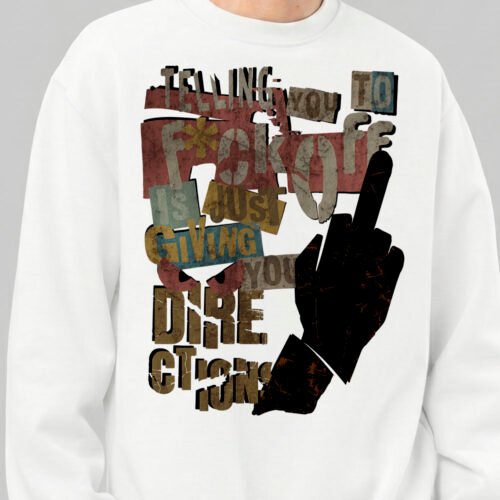 Close-up detail of the Black Scowl urban clothing graphic on a white sweatshirt, showing the dark humor typography and bold middle finger silhouette.