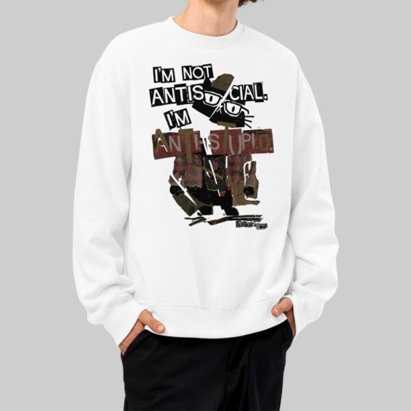 black-scowl-white-sweatshirt-urban-streetwear-front-view Front view of a male model wearing the Black Scowl white crewneck sweatshirt, featuring a sarcastic graphic for an edgy urban streetwear look.