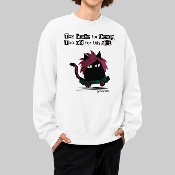 Front view of a male model wearing the Black Scowl white crewneck sweatshirt, featuring a dark humor graphic for a modern urban streetwear look.