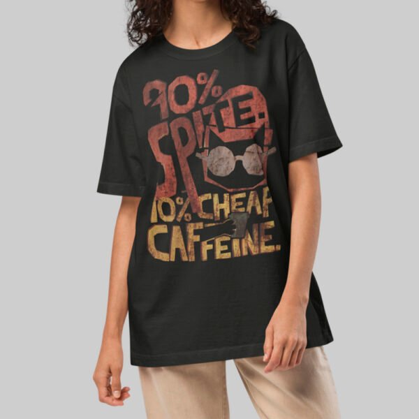 A female model wearing the Black Scowl black heavyweight graphic tee with a modern avant-garde fit and cynical urban aesthetic.