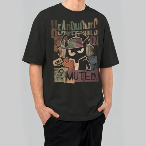 Man wearing a Black Scowl premium 220g oversized black t-shirt with a cynical cat wearing headphones and 'Headphones On Society Muted' text.