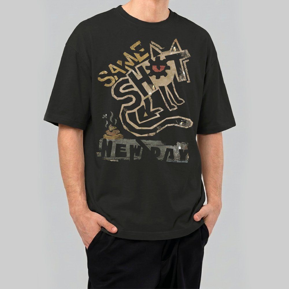 Woman modeling a white oversized streetwear crewneck featuring the dark humor introvert quote and cat design by Black Scowl.