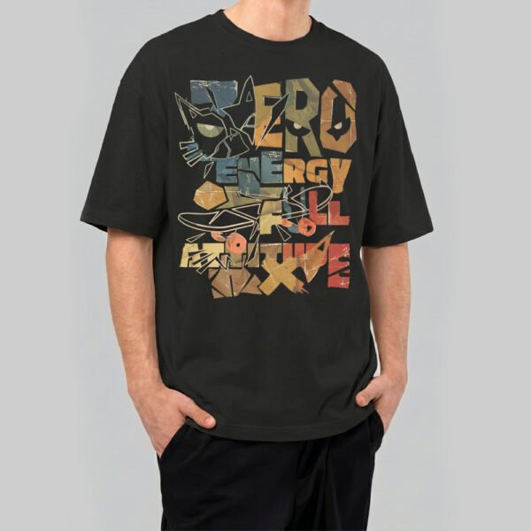 Black Scowl premium 220g heavyweight oversized t-shirt in black featuring a cynical cat graphic with 'Zero Energy Full Attitude' text in a distressed vintage collage style.